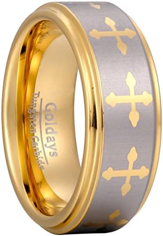 GOLDAYS 8mm Unisex Gold Tungsten Wedding Ring with Cross Comfort Fit Matte Finished Engagement Band (13.5)