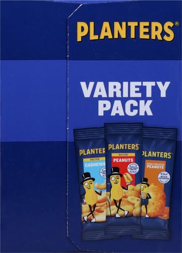 PLANTERS VARIETY PACKS (SALTED CASHEWS, SALTED PEANUTS & HONEY ROASTED PEANUTS), 24 PACKS – INDIVIDUAL BAGS OF ON-THE-GO NUT SNACKS – NO CHOLESTEROL OR TRANS FATS – SOURCE OF FIBER AND HEALTHY FATS