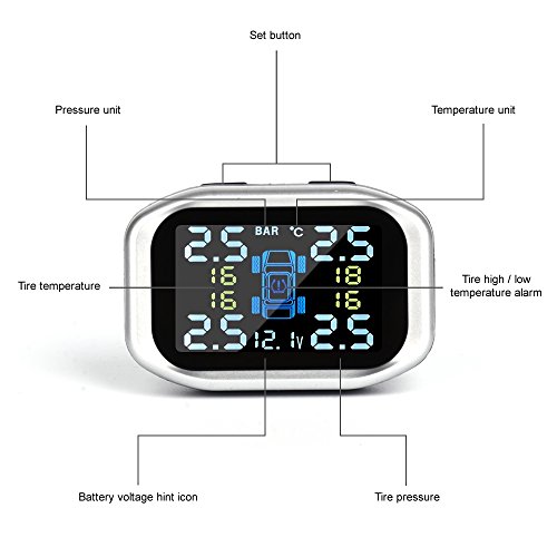 GZCRDZ TP720 Tire Pressure Monitoring System, Wireless TPMS with 4 External Sensors, Cigarette Lighter Plug LCD Display with Tire Pressure, Temperature Gauge and Battery Voltage (Black)
