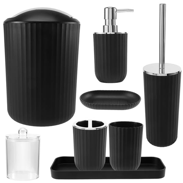 8 Pieces Bathroom Accessories Set Black- Bathroom Bin,Toilet Bowl Brush,Hand Soap Dispenser, Mouthwash Cup, Toothbrush Holder, Toothpick Holder, Soap Dish, Holder Tray - Bathroom Accessory