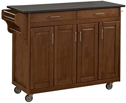Dwelling Types Create-a-Cart Cottage Oak 4 Door Cupboard Kitchen Cart with Black Granite Prime, Adjustable Cabinets, Spice Rack, Towel Bar, and Locking Caster Wheels