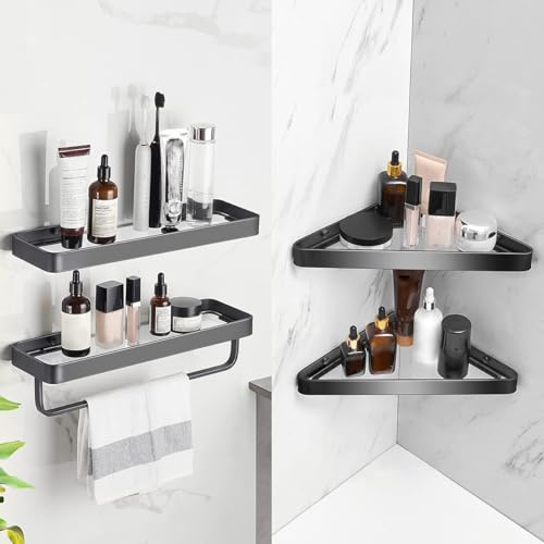 34 CM Wall Mounted Shower Shelves, 2 Tier Bathroom Caddies, Tempered Glass Floating Shelf, Black Bathroom Wall Organizer, Self-Adhesive Shower Shelf Corner