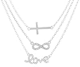 Silvertone with Clear Iced Out Cross, Infinity & Love Pendant Three Adjustable Link Chain Necklace