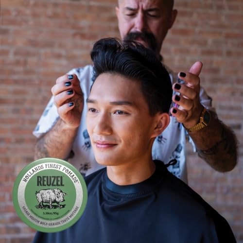 REUZEL Green Grease Pomade, Medium All Day Hold, Oil-Based Styling Wax, Medium Shine, Easy To Wash Out, For All Hair Types