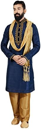 Sangrahan Eye-catching Art Dupion Fabric Navy Blue Color Readymade Kurta Payjam