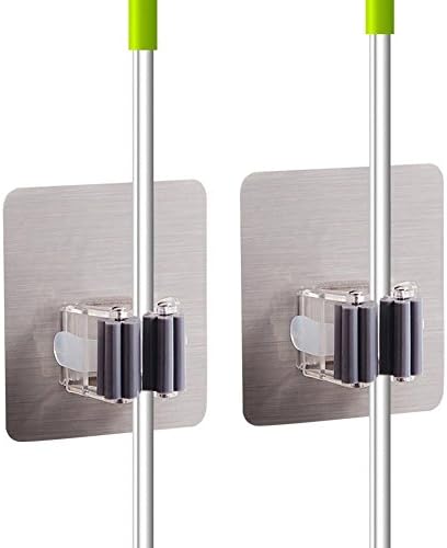 LovenCity 2Pcs Self Adhesiv Broom and Mop Holder, Reusable Wall Mounted Mop Hooks Broom Hanger Holder with Spring Clip Design (Black)
