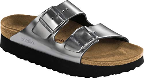 Birkenstock Women's Papillio Arizona Natural Leather Narrow Fit Sandal Metallic Silver-Silver-5