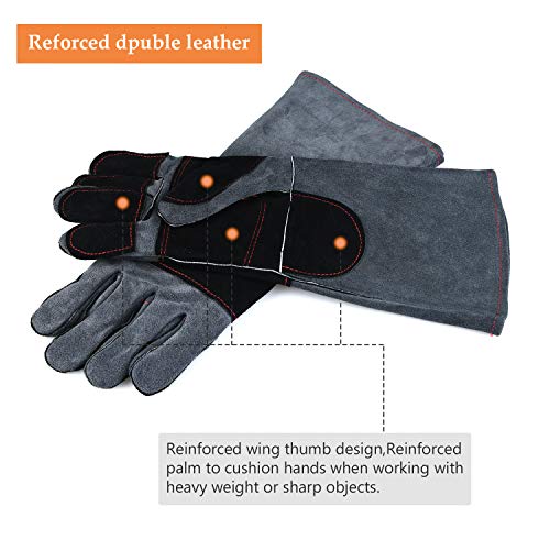 Welding Gloves Lined Leather Extreme Heat Resistant Double Insulation For Mig, Tig Welders, BBQ, Gardening, Camping, Stove, Fireplace and More - 16 in, Grey+Black