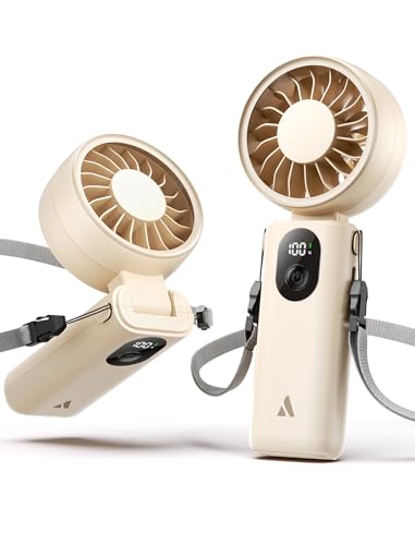 Aecooly Mighty Portable Handheld Fan, 3-in-1 Powerful Hand Fan Rechargeable [20H Max Cooling Time], 5-Speed Digital Display, Mini Personal Hand Held Fan for Summer, Travel, Gifts for Women - Beige