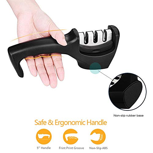 Kitchen Knife Sharpener, 3 Stage Coated Wheel System, Stainless Steel for Straight Tungsten/Diamond/Ceramic Knives Black