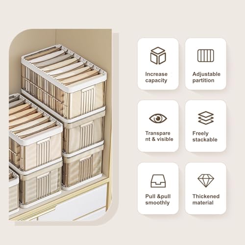 Foldable Plastic Organizer Drawers - Pullable Closet Wardrobe Organizer,47L x 30W x 22H Stackable Storage Basket with Adjustable Dividers, Space-Saving for Cupboard, Bedroom (XL gray)