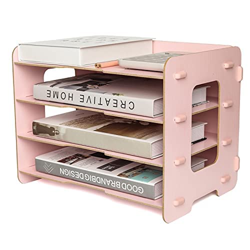 EXERZ 4 Tier Wooden Letter Tray Desk Organiser A4 – Desktop Paper Tray & Document File Organiser for Office, Home & School – Easy Assembly MDF Desk Storage Rack (Light Pink)