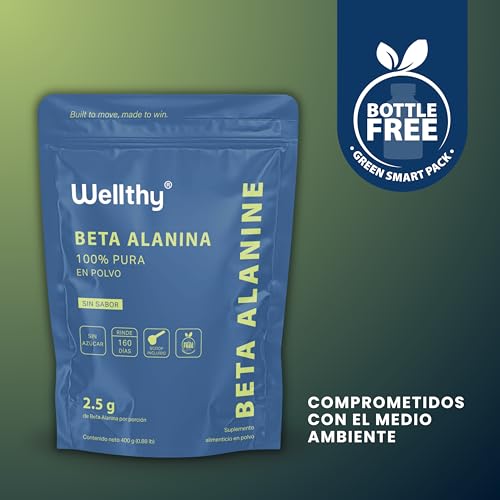 Wellthy 100% Beta Alanina 400g. Presentación en Polvo, 2.5g por Porción, Cuchara Medidora Incluída dentro del empaque, 160 Porciones por Envase, más de 5 Meses de Consumo, Bottle Free.