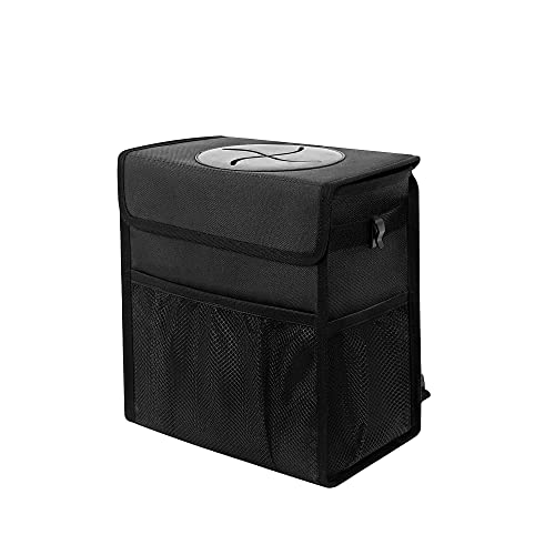 Car Trash Can Leak Proof Car Trash Bin Waterproof Car Garbage Can with Lid for SUV Front Seat Multipurpose Car Hanging Bag for Headrest Collapsible and Portable with Storage Mesh Pocket, Black