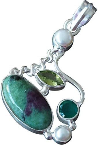 31ct Nature Ruby Zoisite, Pearl, Peridot, Chrysoprase Pendant 925 Sterling Silver Boho Style, 1.7"