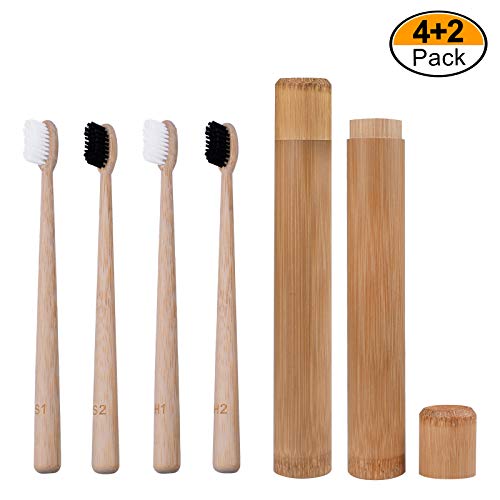 Bonviee Natrual Bamboo Toothbrush with Travel Holder Bamboo Charcoal Toothbrush Set Biodegradable Eco-Friendly