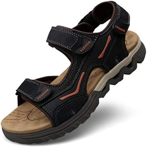 XWQXX 2019 leather sandals ladies beach shoes summer large size magic stickers non-slip sports flat sandals,Black-41EU