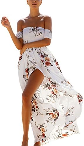 LZMY Womens Sexy A-Line Split Floral Print Chiffon Beach Party Maxi Dress (XL, White)