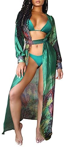 Anatoky Women's Chiffon Bohemian Floral Printed Long Split Sleeve Beach Beachwear Bikini Swimsuit Cover up Dress