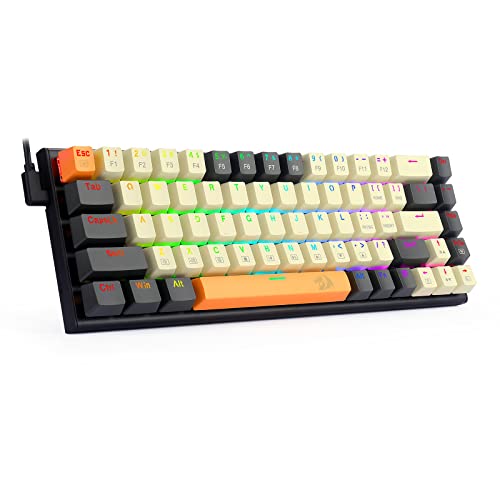 Redragon Teclado mecánico 60% para juegos, 68 teclas, teclado RGB de oficina con cable con teclas de flecha, macro programable, interruptores rojos para Windows Mac, PC, laptop, negro/beige/naranja