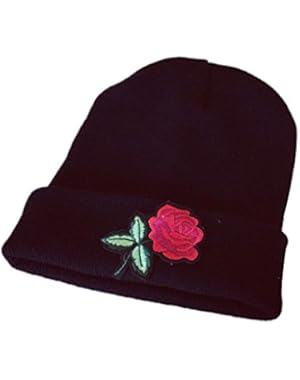 Hat, Womens Winter Warm Rose Embroidery Applique Crochet Braided Ski Hat