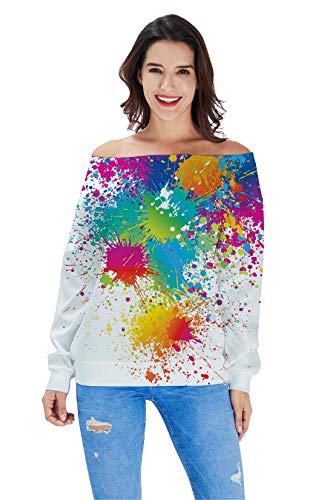 RAISEVERN Women's Stylish Paint Art Off The Shoulder Tops Athleisure Pullover Thin Casual Cold Shoulder Long Sleeve Top