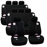 FH-FB053128 3 Row Floral Design Cloth Car Seat Covers, Airbag compatible and Split Bench, Black