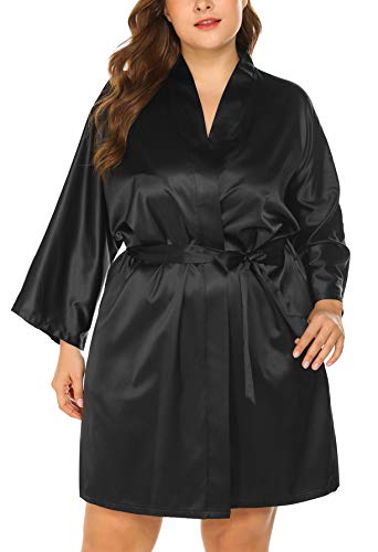 IN'VOLAND Women's Plus Size Pure Colour Short Satin Bridesmaid Wedding Kimono Robes with Oblique V-Neck 1X-5X