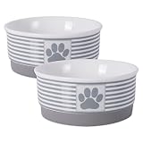 DII Bone Dry Paw Patch & Stripes Ceramic Pet Bowl for Food & Water with Non-Skid Silicone Rim for Dogs and Cats (Small - 4.25" Dia x 2"H) Gray - Set of 2