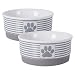 DII Bone Dry Paw Patch & Stripes Ceramic Pet Bowl for Food & Water with Non-Skid Silicone Rim for Dogs and Cats (Small - 4.25" Dia x 2"H) Gray - Set of 2 primary
