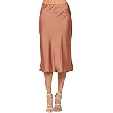 Women Solid High Waist Silky Casual Elastic Satin Midi Skirt -Made in USA (Available in Plus Size)
