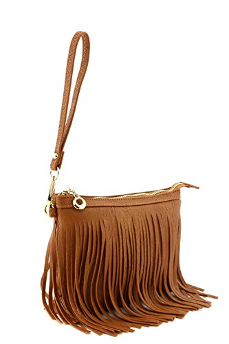 Small Fringe Crossbody Bag with Wrist Strap Tan