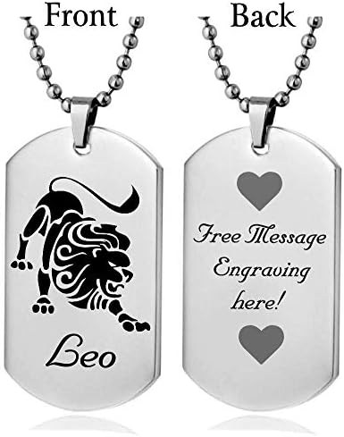 Personalized Zodiac Horoscope Sign Regular Size Custom Message Engraved on Back Stainless Steel Necklace Dog Tag Pendant with 24 inch Chain,Velvet Giftpouch and Keyring