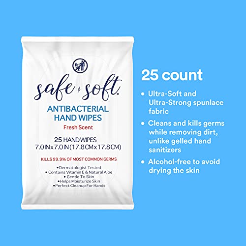SAFE & SOFT Antibacterial Hand Sanitizer Wipes Travel Size 25ct, (6