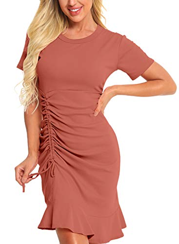 Zaprada Casual Pink Bodycon T Shirt Dresses for Women Summer Crew Neck Side Drawstring Ruched Ruffle Mini Dress