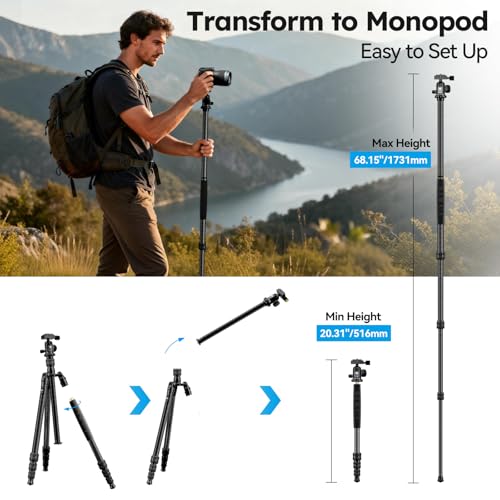 SIRUI Trépied Fibre de Carbone pour Appareil Photo, Trépied de Voyage Portable 165cm et Monopode avec Rotule Panoramique 360°, Colonne Centrale Extensible pour Reflex Numériques et Caméscopes, AM-7C