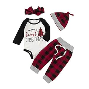 Tabpole Baby Mijn 1e Kerst Kleding Set Romper Plaid Broek Hoofdband Hoed 4 stks Xmas Outfits