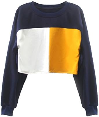 LoveSky Women's Silm Long Sleeve Spell Color Cropped Pullover Sweatshirts Navy Blue Medium