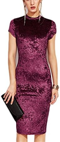 KYRENE Burgundy Velvet Bodycon Midi Dress Autumn Women Elegant Ladies Office Dresses Mock Neck Cap Sleeve Velvet Pencil Dress Red M