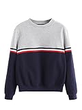 Romwe Women's Color Block Round Neck Long Sleeve Pullover Striped Sweatshirt Top Navy L/(US 6)