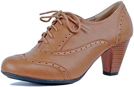 Guilty Shoes Womens Classic Retro Two Tone Embroidery - Wing Tip Lace Up Kitten Heel Oxford Pumps