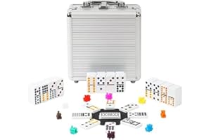 PLAYWUS Double 12 Coloured Dot Dominoes Mexican Train Game Set with Aluminum Case, 91 Tiles 9 Trains, Scoreboard, Octagon Shape Hub…