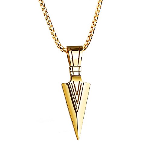 Pauro Men's Stainless Steel Jewelry Spear Point Arrowhead Pendant Necklace Gold