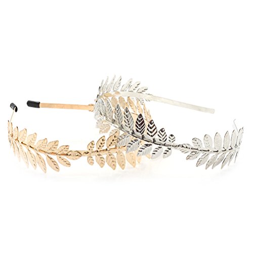 uhoMEy 2 Pack Leaf Branch Dainty Bridal Hair Crown, Vintage and Elegant Roman Goddess Leaf Branch Dainty Crown Headband, Gold and Silver - Thumbnail 2