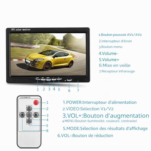 12V-24V 18 IR LEDs Night Vision Waterproof Rear View Camera with 49ft 4 Pin Aviation Extension Cable + 7 Inch Colour TFT LCD HD Screen Vehicle Monitor for Car Bus RV Truck Trailer