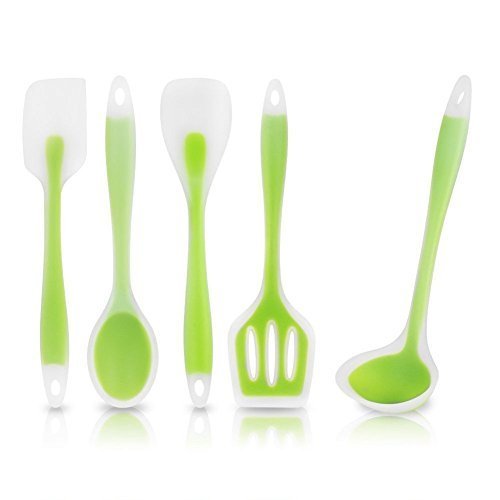 BFOX 5 Piece Lime Green Non-Stick Silicone Cooking Utensils Heat-Resistant Kitchen Utensil Set,Spatula, Turner, Spoonula, Mixing Spoon & Soup Laddle (5Pcs)
