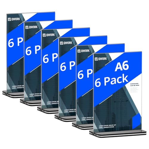 QWORK® Pack of 6 A6 Acrylic Table Stands with Solid Base, Double-Sided Acrylic Display Stand for Office, Restaurant, Cafe, Shop, Wedding