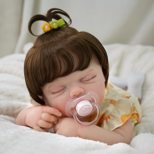 Bebê Reborn Boneca Realista Corpo de Silicone Menina Com Um Ursinho Fofo Cabelo Implantado Realista Original Pintada Corpo Pode dar Banho Dormindo de olhos fechados 48cm