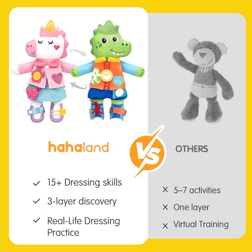 hahaland Montessori Plush Doll, 2 in 1 Dino & Unicorns Plush for Girls 1 2 3 Years Old Interactive Dress Up Toys Gift Boys Girls 2 3 4 Years Old