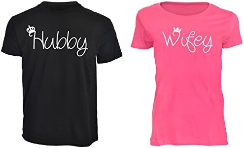 Supergoodies Set of 2 Hubby Wifey Crown Mr and Mrs T Shirts Pink Black T-Shirts with White Vinyl